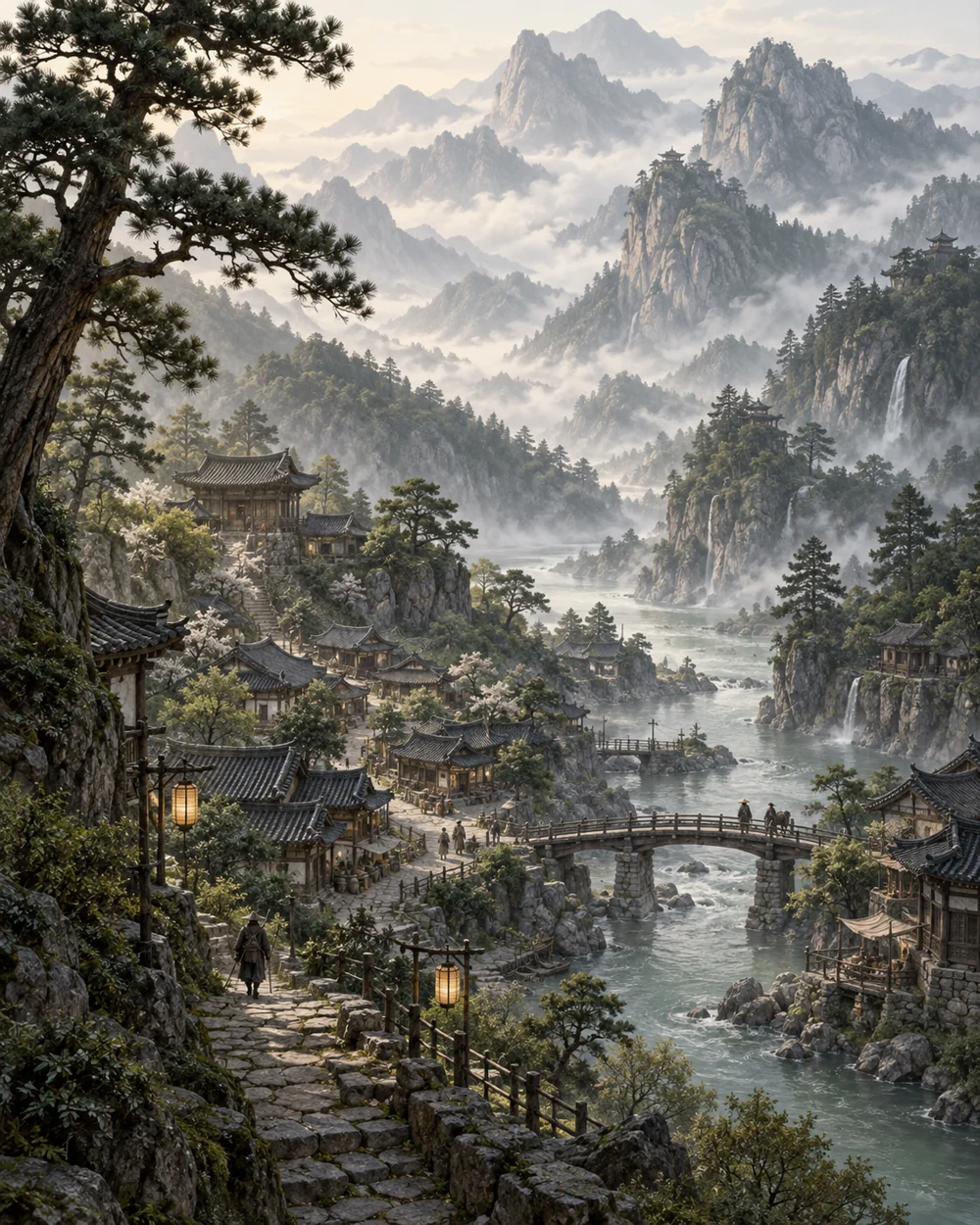 겹겹이 이어진 산과 강, 작은 마을을 그린 무림록 콘셉트 풍경